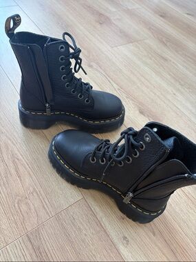 Black Leather Combat Boots with Yellow Stitching